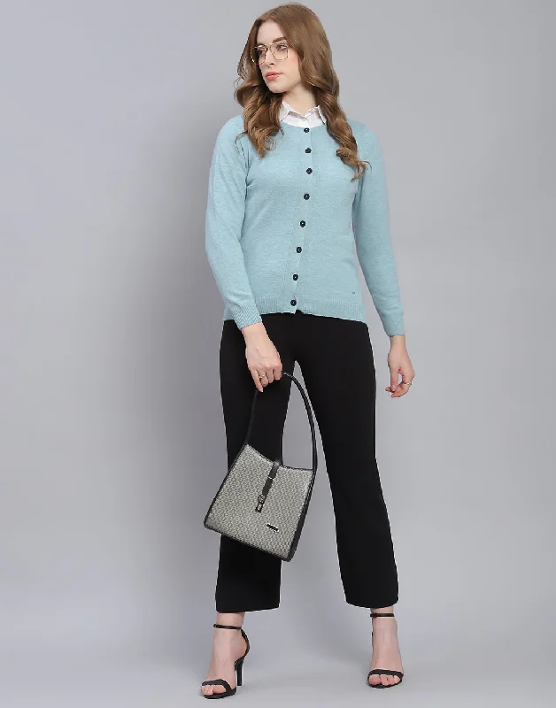 Women Blue Solid Round Neck Full Sleeve Cardigan