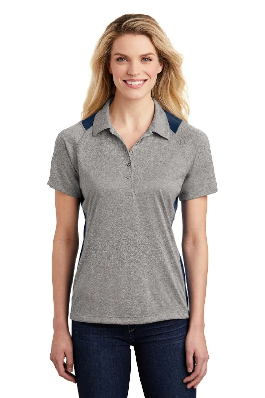 Sport-Tek Womens Heather Contender Moisture Wicking Short Sleeve Polo Shirt - Heather Vintage Grey/True Navy Blue