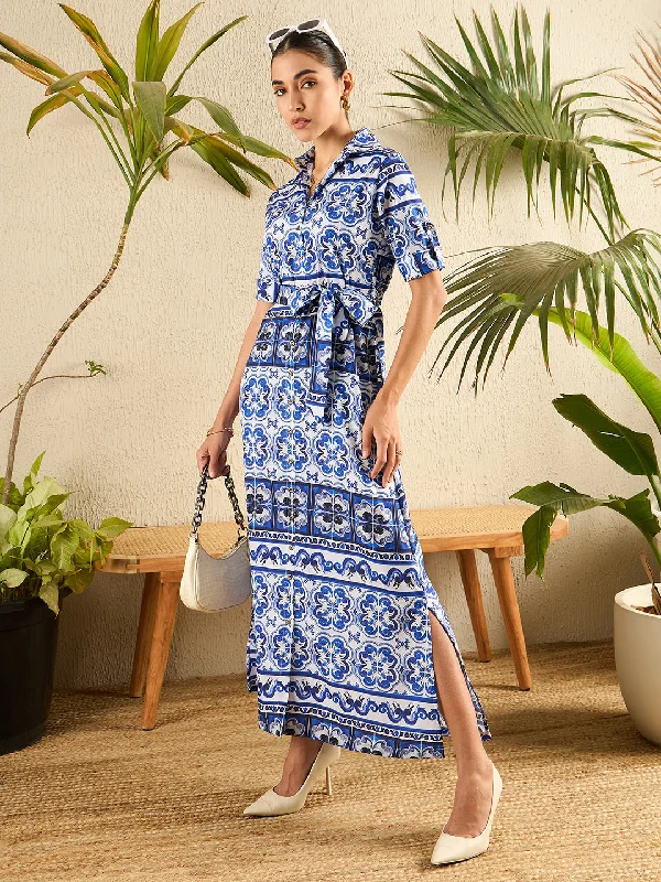 Collar Buttoned Down Printed Shirt Maxi Dress