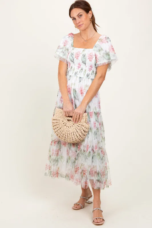 Ivory Floral Mesh Smocked Midi Dress