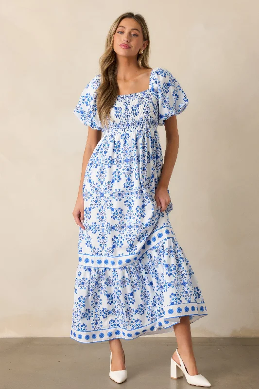 Rosewater Skies Cotton Royal Blue Floral Maxi Dress