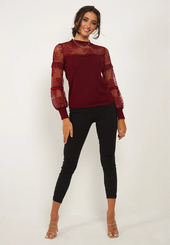 Lace Long Sleeved Knitted Top in Burgundy Modern Women's 