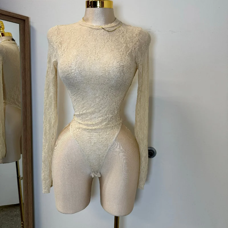 Mesh Lace Bodysuit-Khaki Cashmere