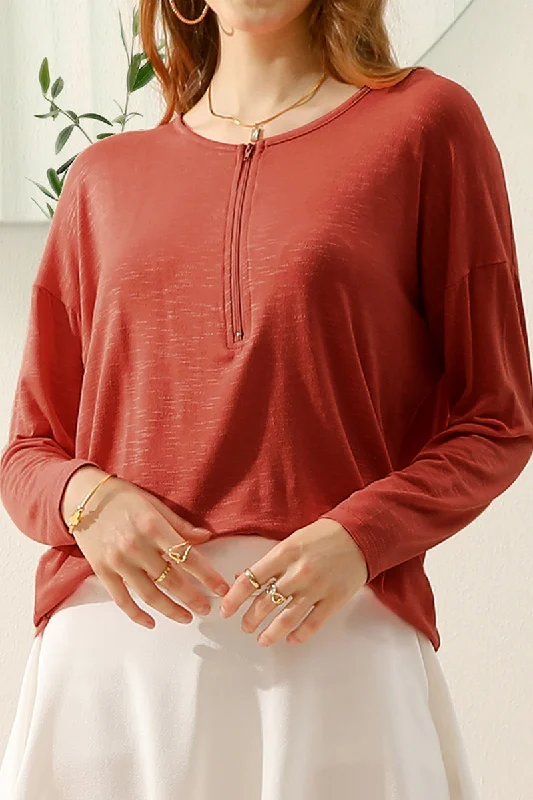 ZIP-UP R NECK LONG SLEEVE SLUB TUNIC TOP Classic Women's Pin - striped